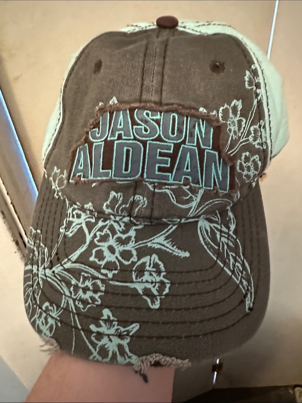 Jason Aldean Autographed Distressed Patch Hat Cap Blue Brown Floral Snapback - Picture 8 of 11